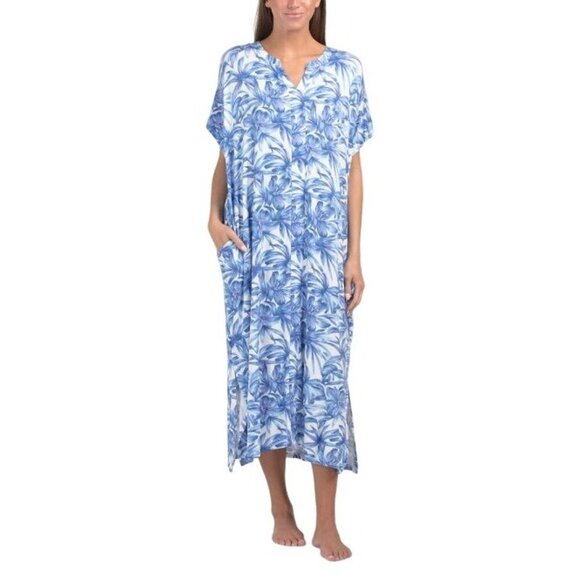 Tommy Bahama Womens Blue Tropical Floral Caftan Sz S M New - Picture 1 of 7